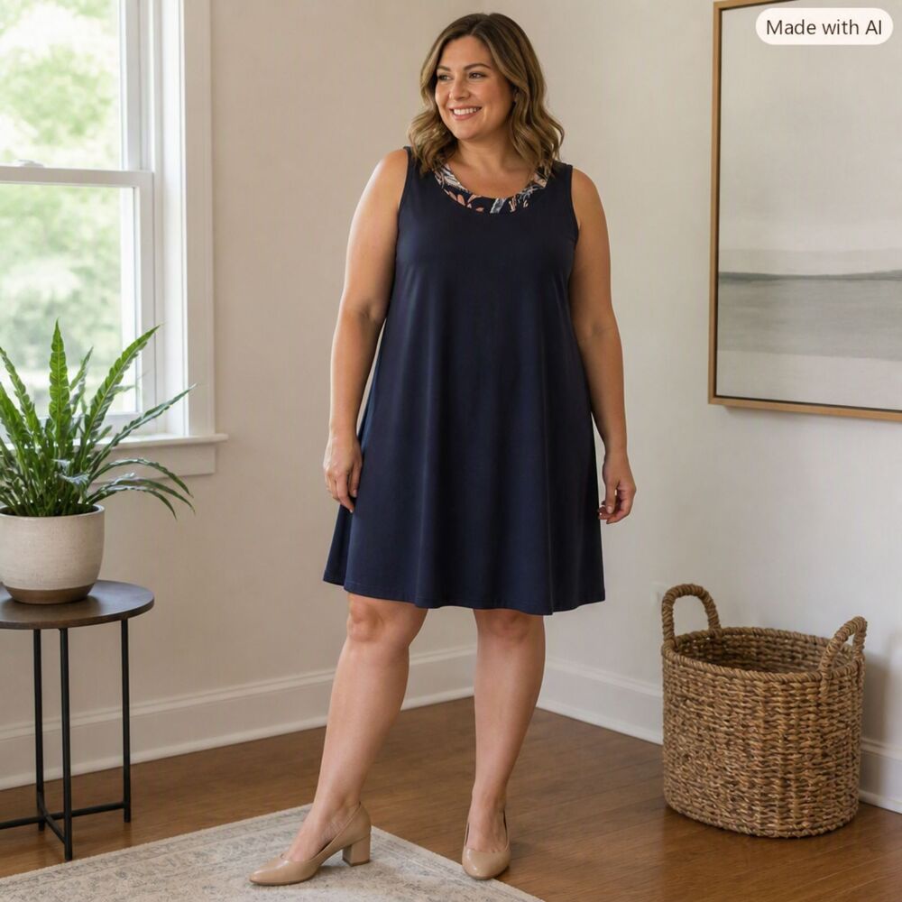 R&M Richards Midnight Blue Sleeveless Dress with Patterned Neckline – Size 16